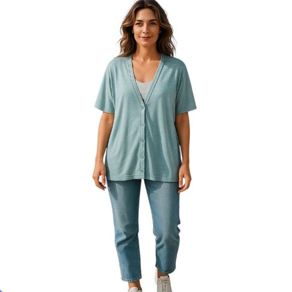 Poetry Hemp Organic Cotton Button-Up Cardigan Short Sleeve Pockets Blue Size 14 - Picture 10 of 10